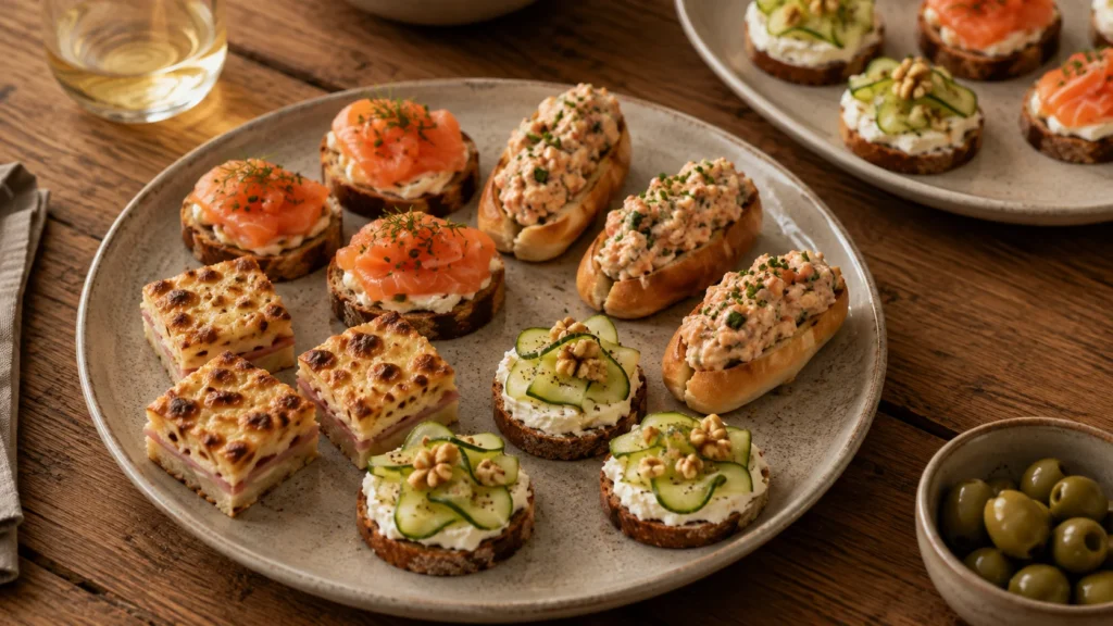Assortiment de canapés variés mêlant bouchées froides, bouchées chaudes, pain moelleux et tartines croustillantes sur une grande assiette.