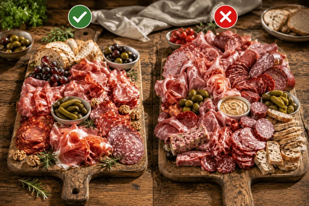 Comparaison entre une planche de charcuterie réussie et une planche trop chargée.