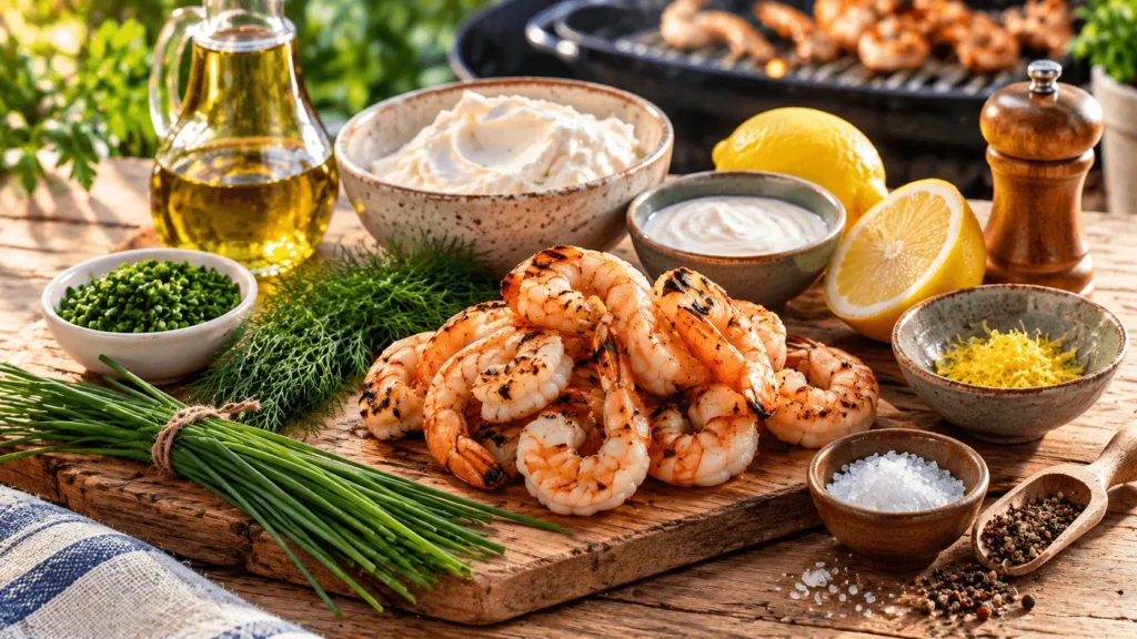 Les ingrédients nécessaires pour préparer des rillettes de gambas maison avec gambas grillées, fromage frais, citron et ciboulette