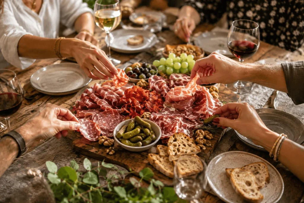 Convives partageant une planche de charcuterie.