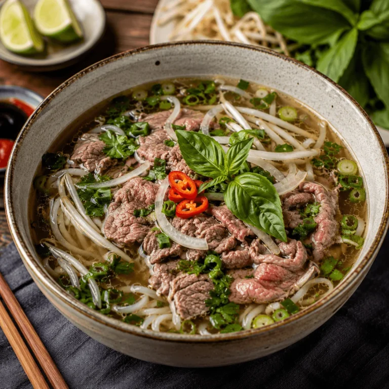 Bol de soupe Phở Bò traditionnelle vietnamienne avec nouilles de riz, bœuf, herbes fraîches et bouillon parfumé