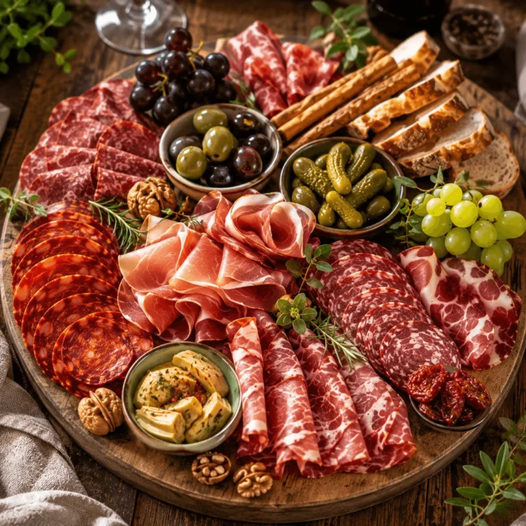 Planche de charcuterie artisanale avec jambon cru, saucisson, coppa, chorizo, pain, raisins et condiments.
