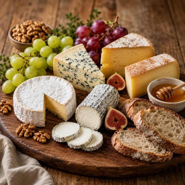 Planche de fromage avec brie, fromage bleu, chèvre, pâte pressée, raisins, poire, figues, noix et miel