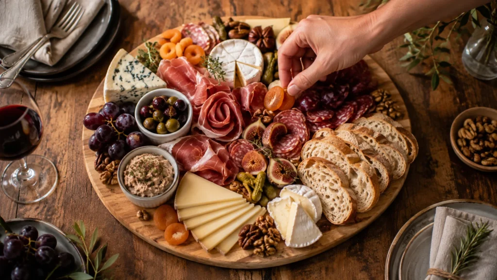 Main en train de disposer les éléments sur une planche mixte avec fromages, charcuteries, pain et accompagnements