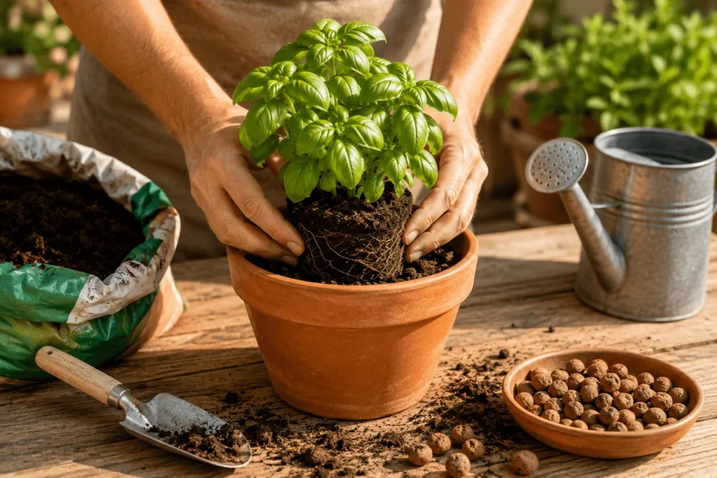 Plantation d'un basilic dans un pot en terre cuite avec du terreau et des billes d'argile.