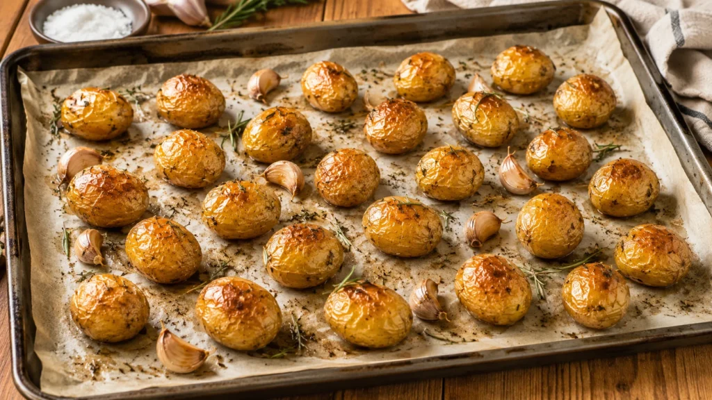 Pommes de terre grenaille dorées et espacées sur une plaque de cuisson