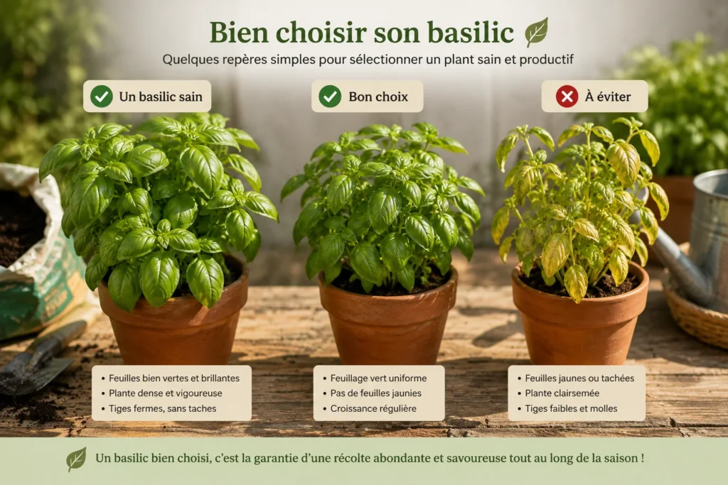 Différentes variétés de basilic cultivées en pot : basilic Genovese, Grand Vert, citron et pourpre.