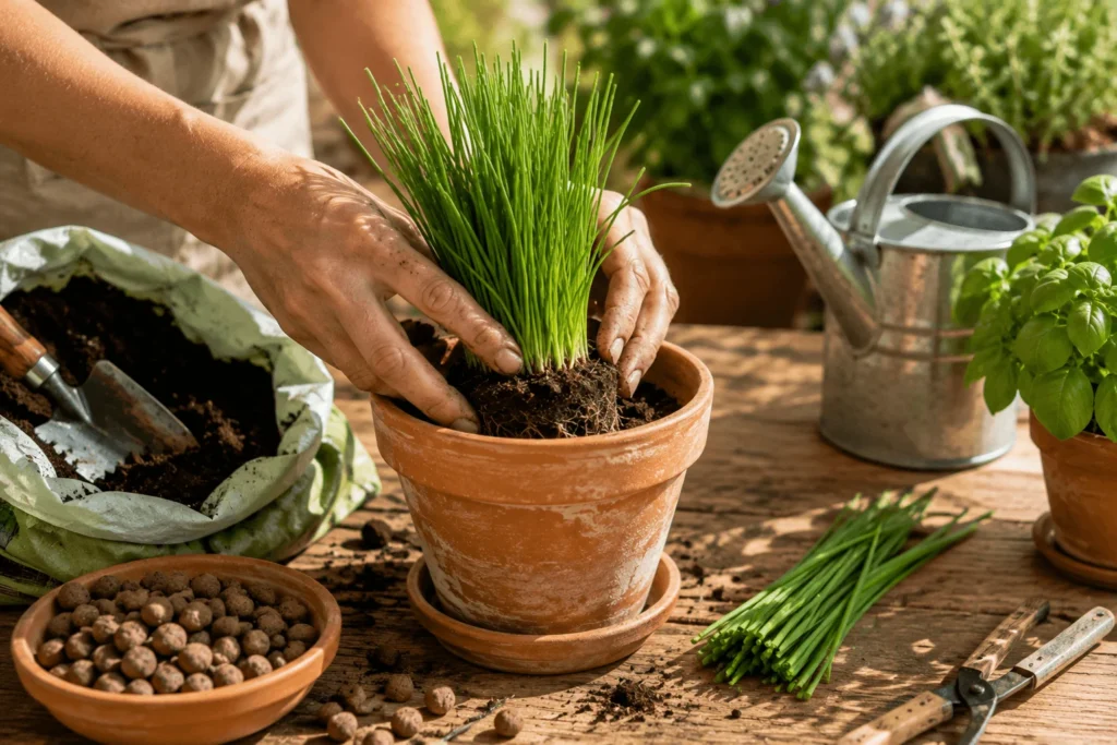 Rempotage d'un plant de ciboulette dans un pot en terre cuite.