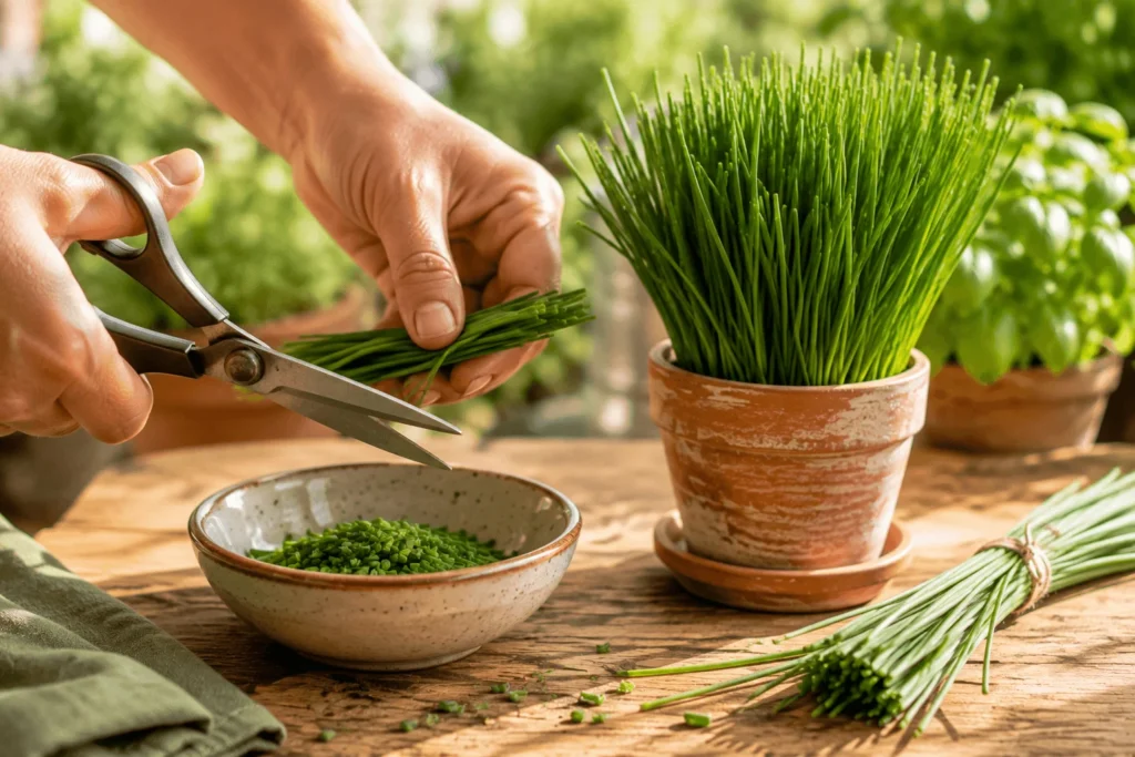 Récolte de ciboulette fraîche avec des ciseaux de cuisine.