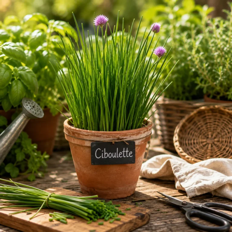 Pot de ciboulette fraîche avec quelques fleurs violettes, cultivée en pot pour la cuisine.
