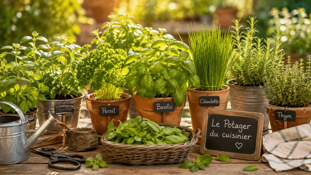 Collection de plantes aromatiques en pot sur une table en bois dans le potager du cuisinier