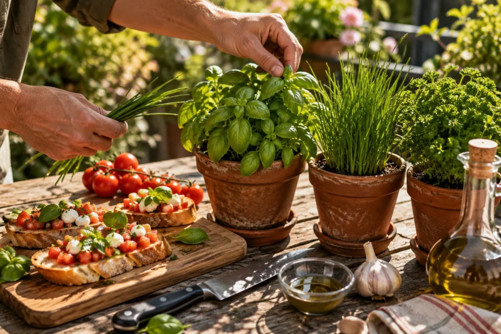 Récolte de basilic et de ciboulette pour préparer une bruschetta maison avec des ingrédients frais.