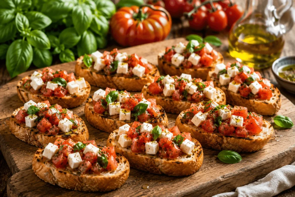Planche de bruschettas tomates, mozzarella et basilic fraîchement préparées.