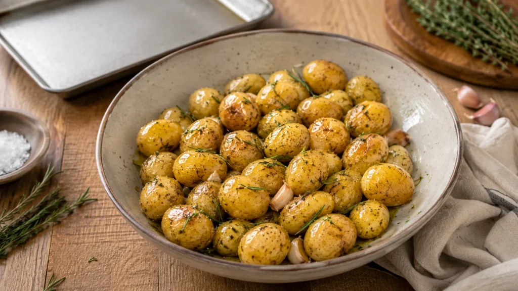 Pommes de terre grenaille assaisonnées avec huile d’olive, ail et herbes avant cuisson