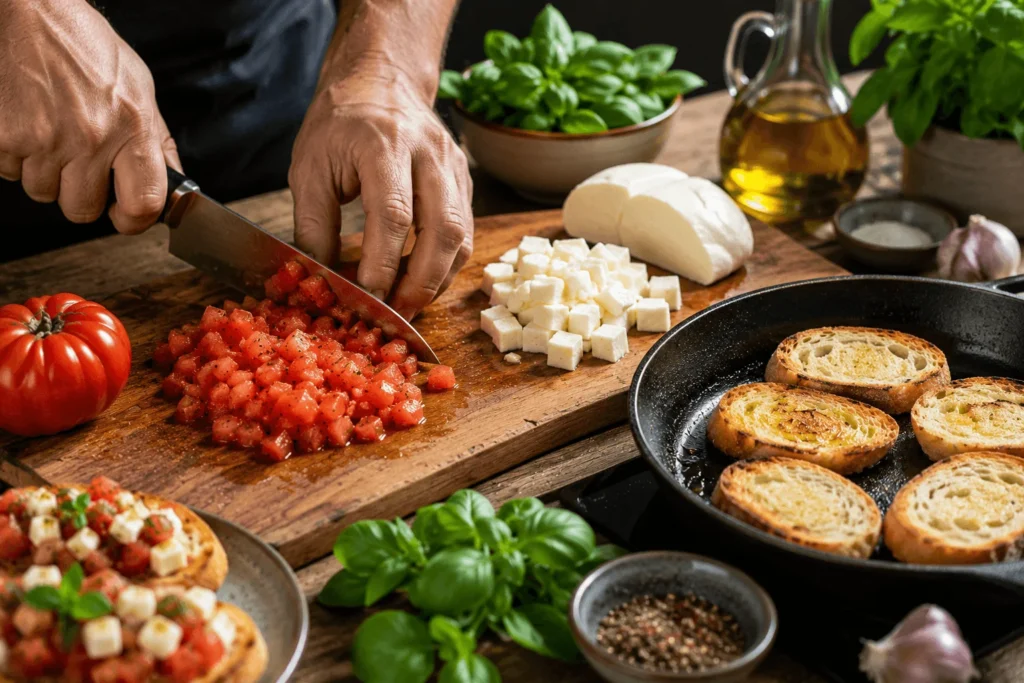 La réussite des bruschettas passe par une brunoise régulière et un pain bien doré.