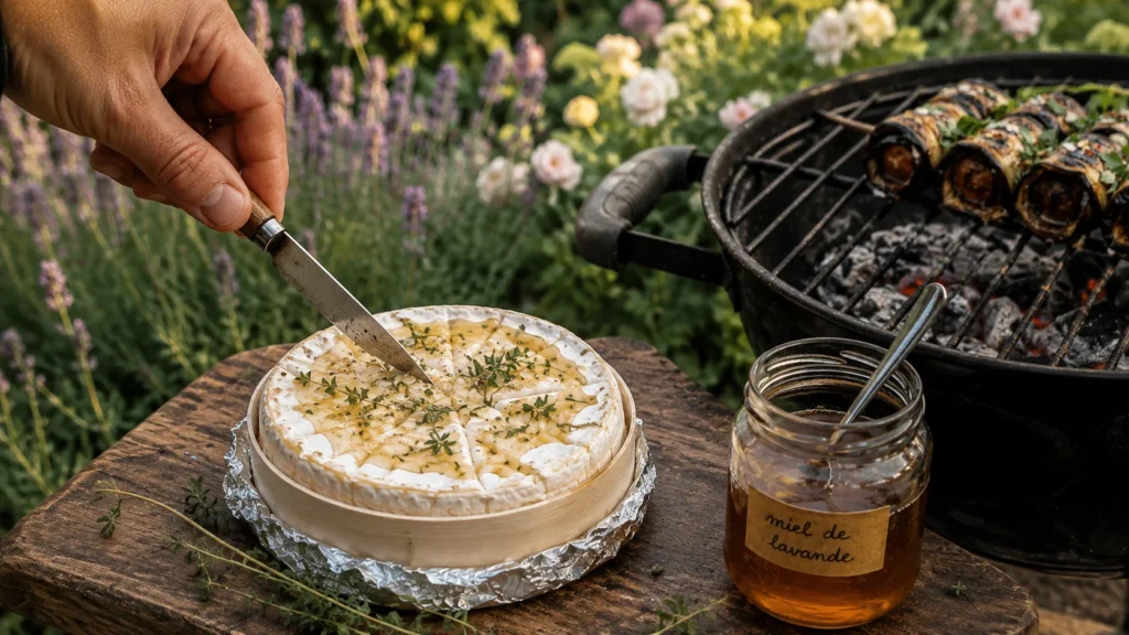 Préparation d’un camembert au miel de lavande et au thym avant cuisson au barbecue