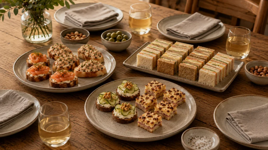 Table d’apéritif organisée avec plusieurs assiettes et plateaux de canapés répartis de façon harmonieuse pour faciliter le service.