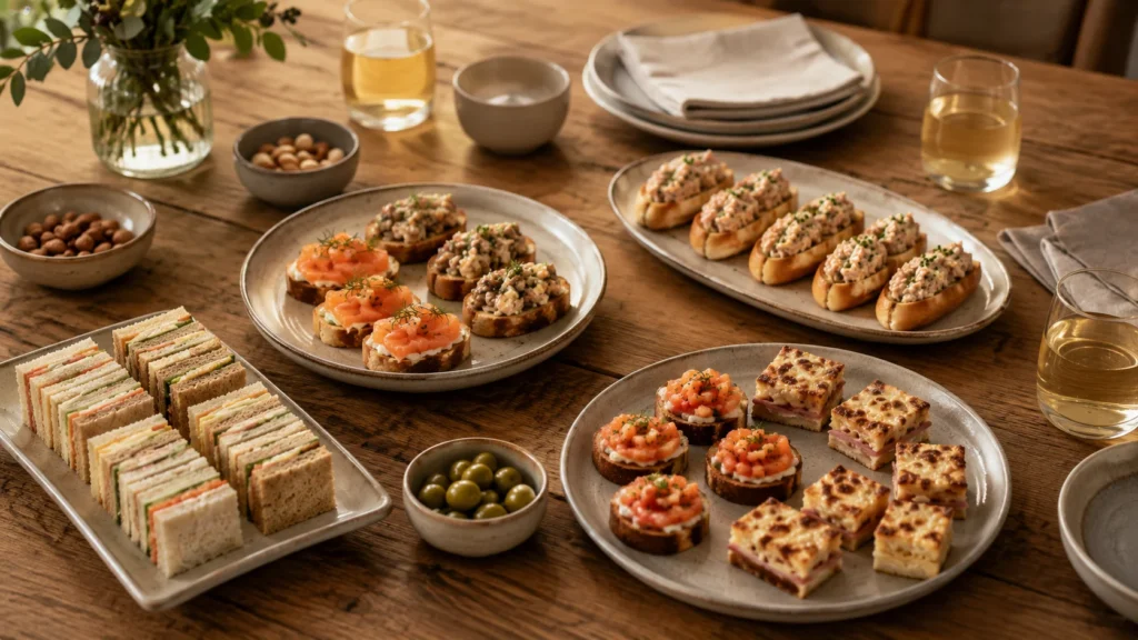 Plusieurs assiettes de canapés et bouchées apéritives disposées sur une table en bois pour illustrer une quantité adaptée à un petit groupe.