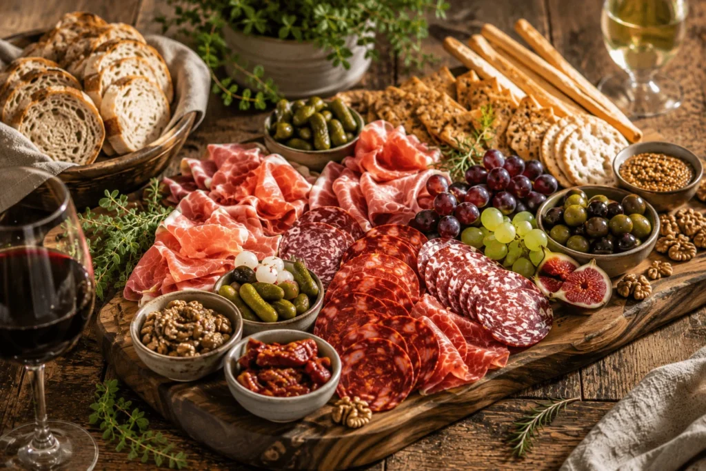 Planche de charcuterie accompagnée de recettes maison.