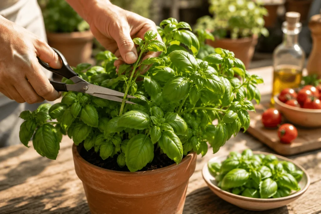 Récolte de feuilles de basilic fraîches à l'aide de ciseaux sur un plant cultivé en pot.