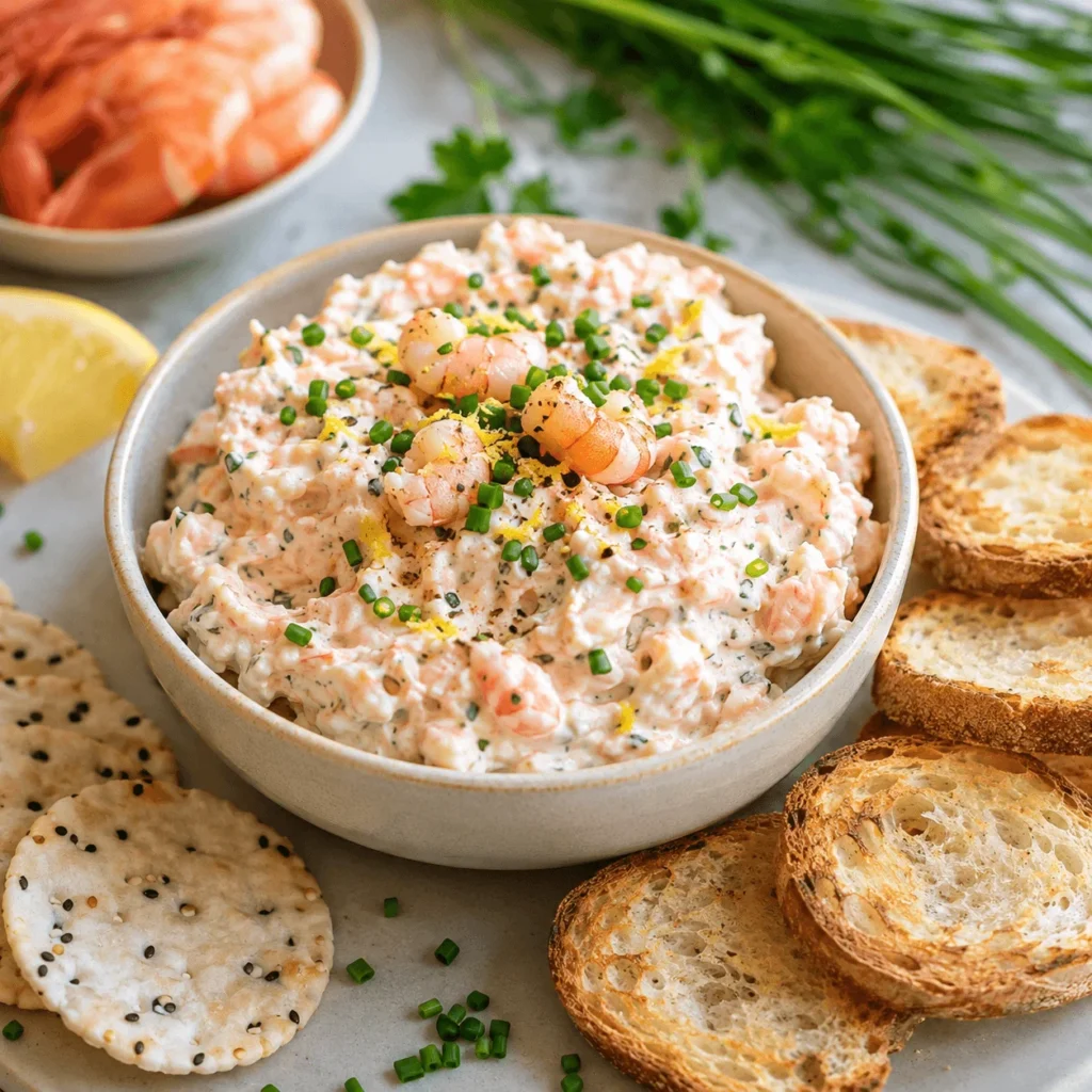 Bol de rillettes de gambas maison servi avec des tranches de pain grillé et des crackers pour l'apéritif.