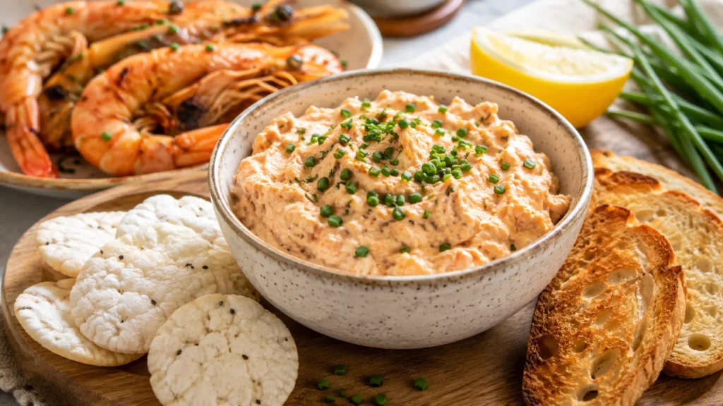 Bol de rillettes de gambas maison à la ciboulette, servi avec des crackers de riz et des tranches de pain grillé.