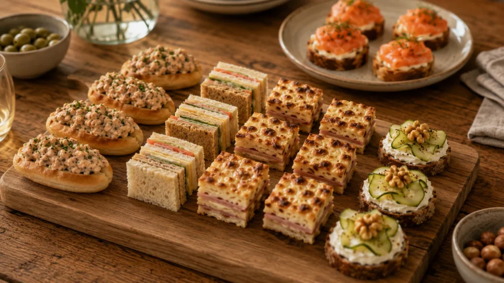 Plateau en bois garni de navettes, mini-sandwichs, bouchées chaudes et tartines apéritives présenté comme sélection de canapés.