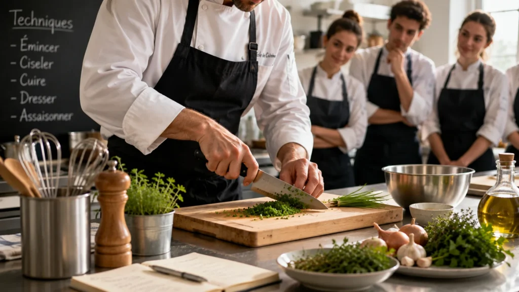 Chef réalisant des techniques culinaires devant des élèves dans une cuisine d’apprentissage.