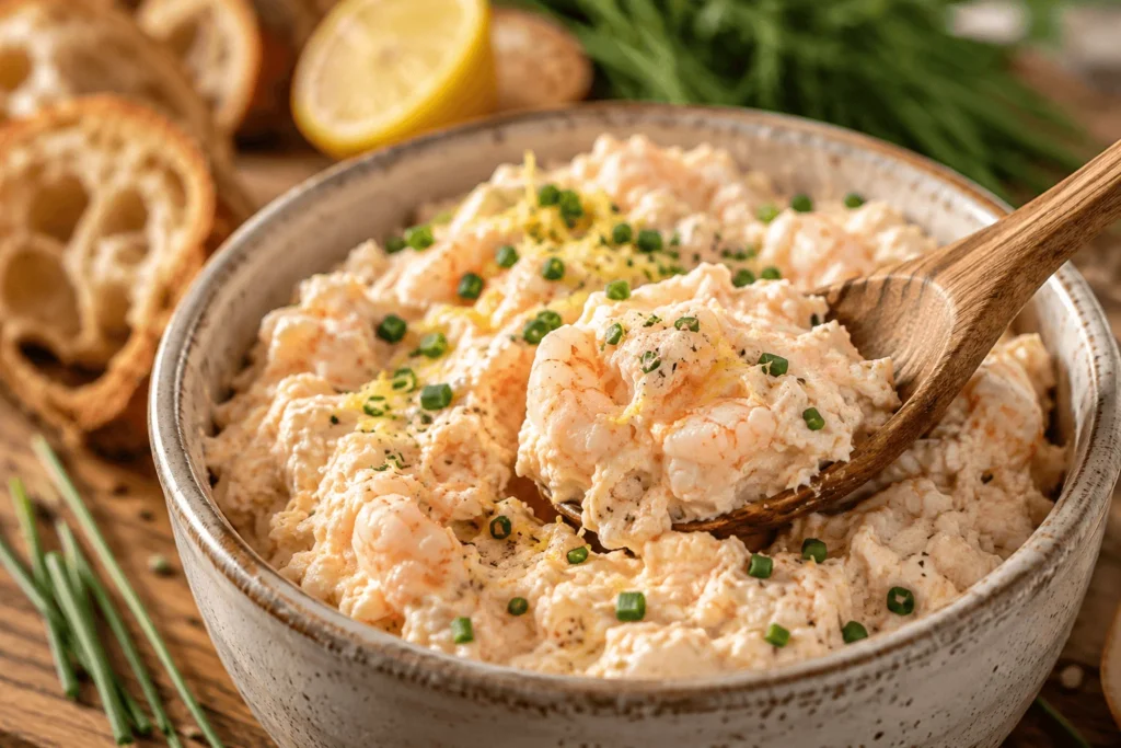 Gros plan sur la texture onctueuse des rillettes de gambas avec des morceaux de gambas visibles