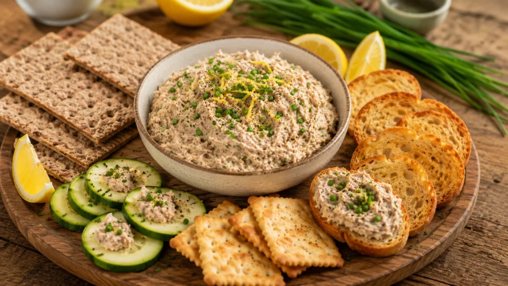 Thononade citron ciboulette avec pain grillé crackers et courgette