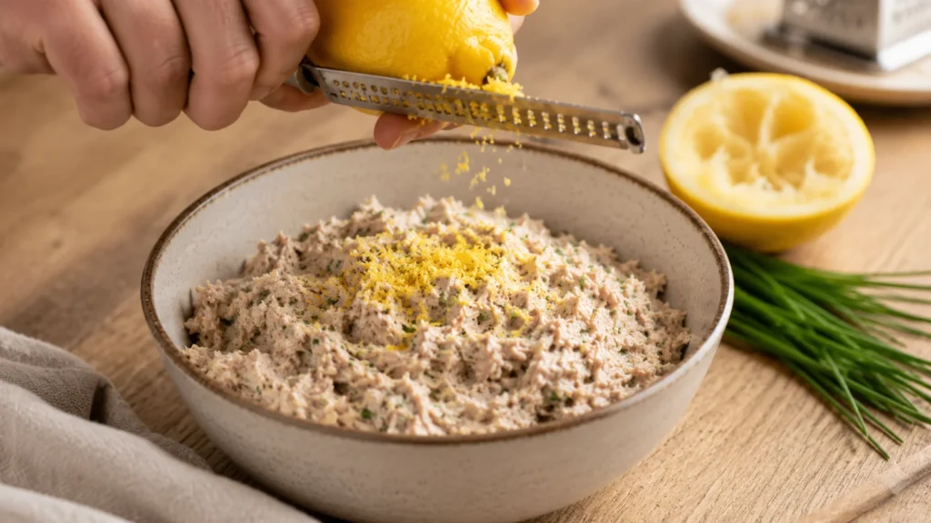 Zeste de citron ajouté sur une thononade citron-ciboulette