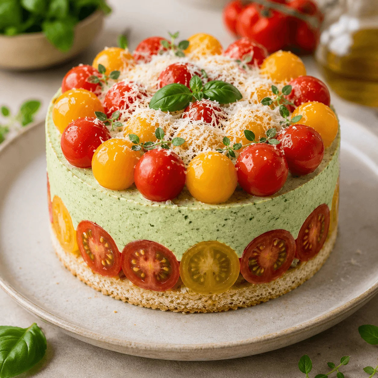 Le Tomatier, une entrée fraîche façon fraisier salé aux tomates cerises, basilic et parmesan