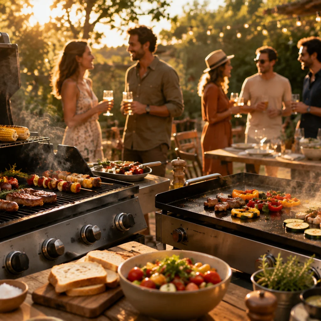 Repas convivial autour d’un barbecue et d’une plancha en extérieur