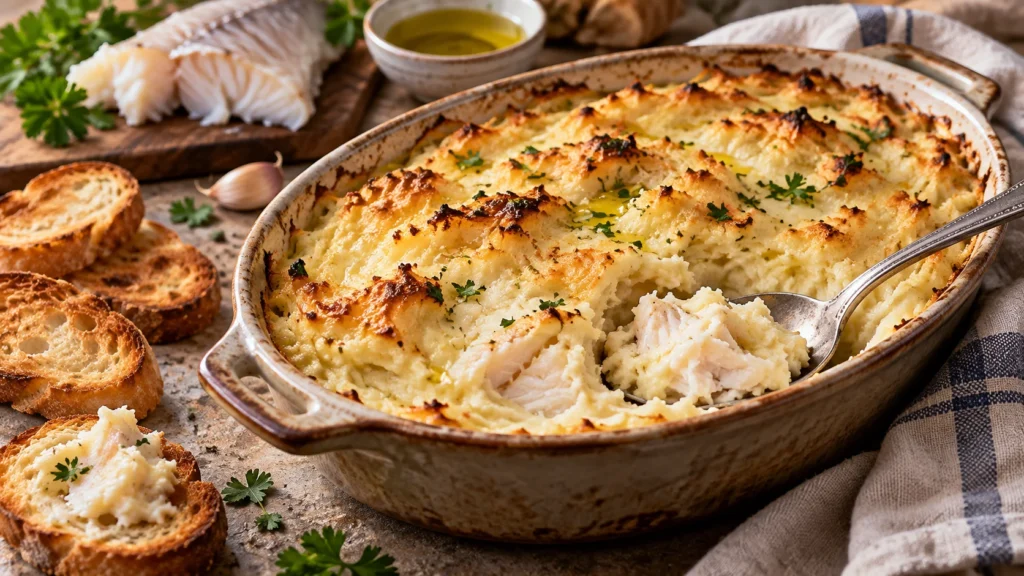 Brandade de poisson gratinée et dorée servie dans un plat au four