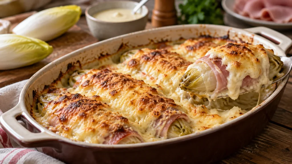Endives au jambon nappées de béchamel et gratinées au four