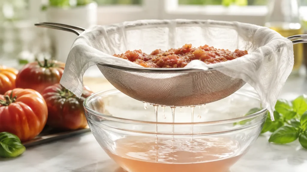 Pulpe de tomates filtrée dans une étamine au-dessus d’un saladier pour obtenir une eau de tomate limpide