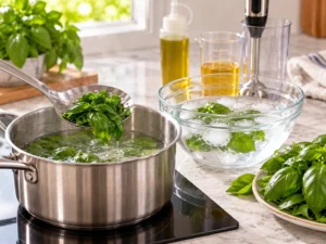 Feuilles de basilic blanchies brièvement dans une casserole