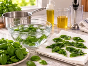 Basilic refroidi dans un bain glacé puis séché soigneusement