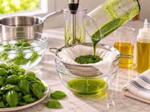 Huile de basilic en cours de filtration dans un tamis garni d’étamine