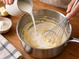 Incorporation progressive du lait dans le roux au fouet