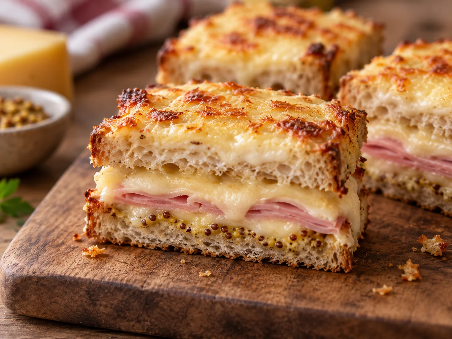 Coupe d’un mini croque-monsieur au Comté montrant les différentes couches