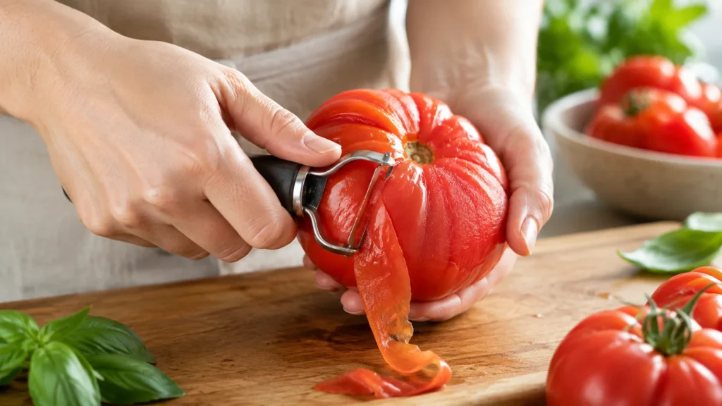 Tomate ancienne pelée à froid avec un pèle-tomate sur une planche en bois