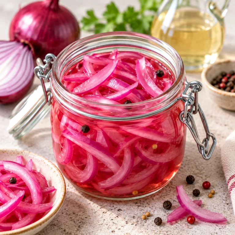 Bocal de pickles d’oignon rouge croquants et acidulés