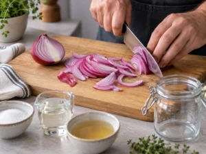 Oignon rouge finement émincé pour préparer des pickles maison