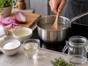 Mélange de sucre vinaigre et eau chauffé dans une casserole pour des pickles