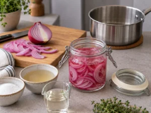 Bocal ouvert de pickles d’oignon rouge laissé à refroidir