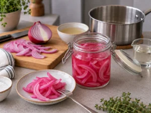 Pickles d’oignon rouge roses et croquants après marinade