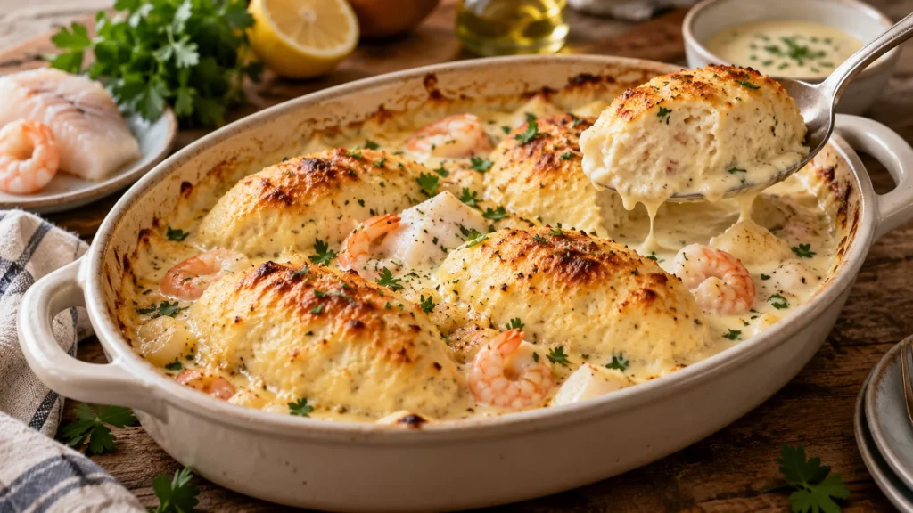 Quenelles de poisson gratinées avec sauce crémeuse et fruits de mer