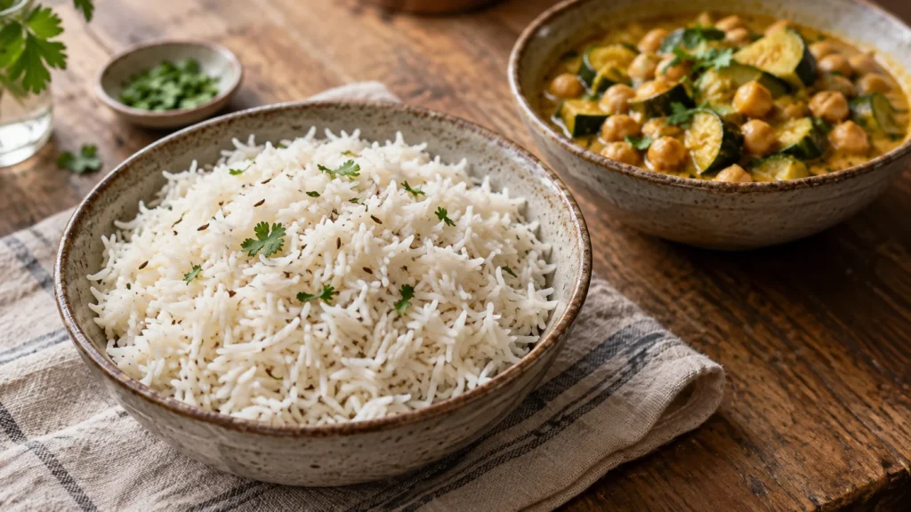 Riz basmati servi avec un curry de pois chiches aux courgettes