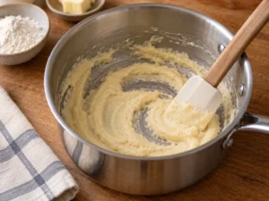 Roux blanc de beurre et farine pour préparer une béchamel